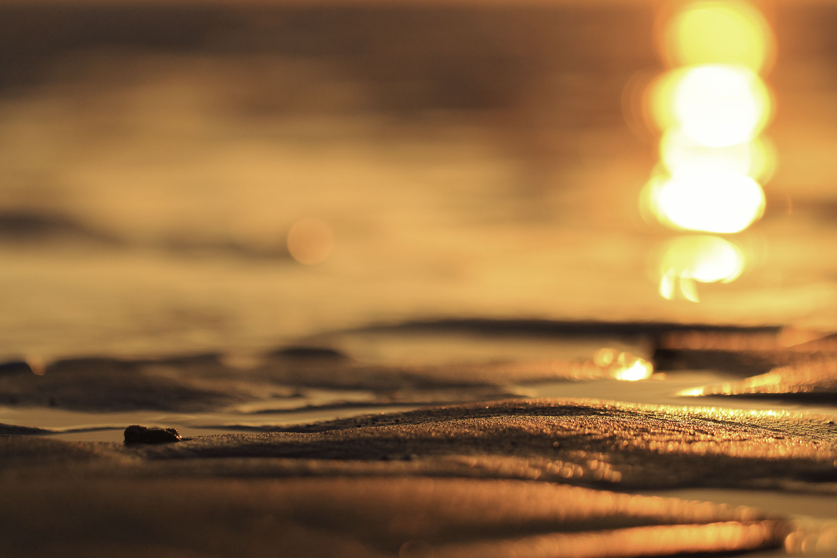 Fine-art sunrise of golden light shimmering in the sand and sea near Broadstairs, Kent UK